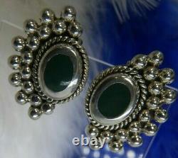 Vintage Green Onyx 1 1/4 x 7/8 0.925 Sterling Silver Clip On Earrings
