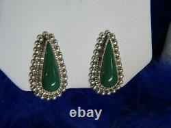 Vintage Green Onyx Teardrop 1 1/8 0.925 Sterling Silver screw back earrings