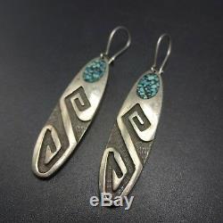 Vintage HOPI Sterling Silver OVERLAY & TURQUOISE Chip Inlay EARRINGS Pierced