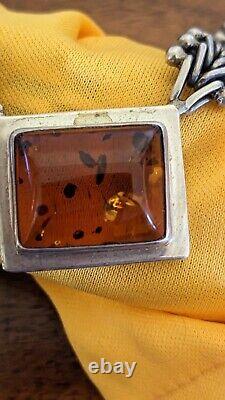 Vintage Heavy Sterling Amber L S Necklace and Earrings 159 Grams total