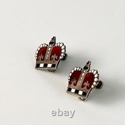 Vintage Heraldic Sterling Silver Red Blue Enamel Royal Crown Screw Back Earrings