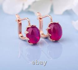 Vintage Hoop Solitaire Earrings Lab Created Pink Ruby Oval 925 Sterling Silver