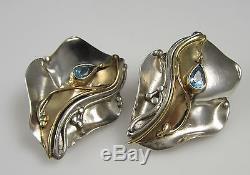Vintage Huge Designer Blue Topaz Sterling Silver Gold Details Pierced Earrings