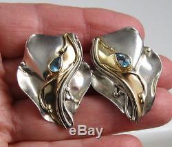 Vintage Huge Designer Blue Topaz Sterling Silver Gold Details Pierced Earrings