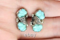 Vintage Indian Rr Zuni Carved Turquoise Sterling Silver Stud Earrings 925 Native