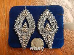 Vintage Indonesia Tribal Sterling Silver Long Pierced Earrings