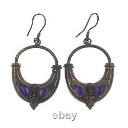 Vintage Indonesian Sterling Silver and Amethyst Dangle Earrings Wire Hooks