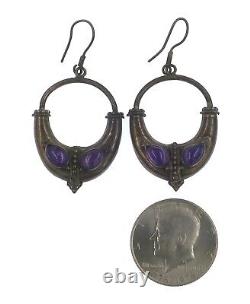 Vintage Indonesian Sterling Silver and Amethyst Dangle Earrings Wire Hooks