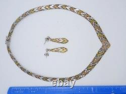 Vintage Italian Sterling Silver Tri-color V Mesh Necklace & Earrings Set