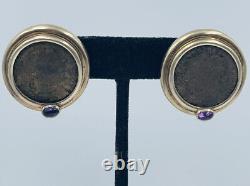 Vintage Italy Sterling Silver Gold Vermeil Amethyst & Ancient Coin Earrings