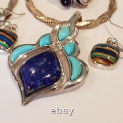 Vintage JAY KING DTR 925 Sterling Earrings Ring 2 Turquoise Lapis Amber Necklace