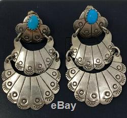 Vintage JB Sterling Silver Turquoise Native American Navajo Dangle Earrings