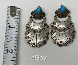 Vintage JB Sterling Silver Turquoise Native American Navajo Dangle Earrings
