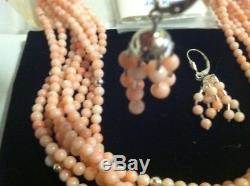 Vintage Jay King DTR Pink Coral Necklace 8-strand & Earrings Sterling Silver NIB