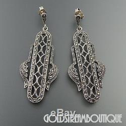 Vintage Jewelry Co. Sterling Silver Marcasite Long Dangle Post Art Deco Earrings