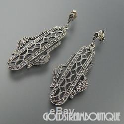 Vintage Jewelry Co. Sterling Silver Marcasite Long Dangle Post Art Deco Earrings
