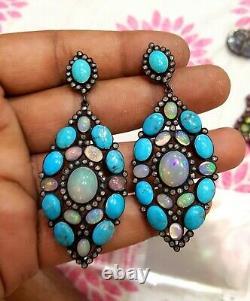 Vintage Jewelry Natural Turquoise, opal, Diamond Sterling Silver Solid Earring