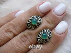Vintage Jewelry Women Earrings Ear Sterling Silver 925 Natural Chrysoprase 5.3gr