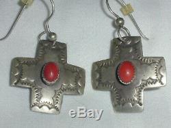 Vintage Joan Slifka Sterling Red Coral Hand Tooled Earrings