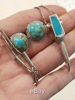 Vintage LL Zuni Sterling Silver 925 Turquoise Earrings & Turquoise Necklace