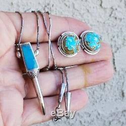 Vintage LL Zuni Sterling Silver 925 Turquoise Earrings & Turquoise Necklace