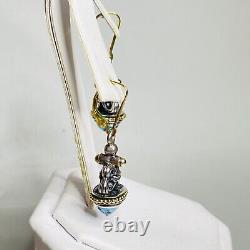 Vintage Lagos Caviar 925 Sterling Silver 18k Yellow Gold Blue Topaz Earrings