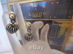 Vintage Lagos Caviar Fluted Heart Drop Dangle Sterling Silver & 18K Earrings