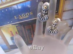 Vintage Lagos Caviar Fluted Heart Drop Dangle Sterling Silver & 18K Earrings