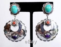 Vintage Large DON LUCAS 925 Sterling Silver Stone Southwestern Etched Earrings