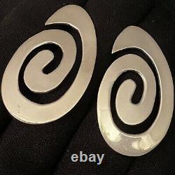Vintage Large Estate Sterling Silver Modernist Swirl Post Back Earrings 1 11/16