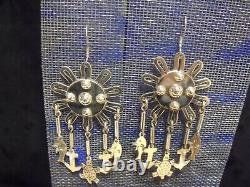 Vintage Large Exotic Mexico Sterling Ts-39 Hand Crafted Dangle Earrings 33.23 G