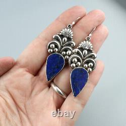 Vintage Large Lapis Lazuli Earrings Sterling Silver 70s Does Art Nouveau Ornate