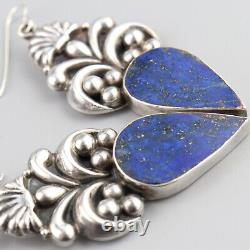 Vintage Large Lapis Lazuli Earrings Sterling Silver 70s Does Art Nouveau Ornate