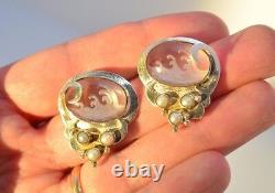 Vintage Large Michou Sterling Silver Pearl Carved Rock Crystal Stud Earrings