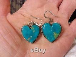 Vintage Large Navajo Blue Gem Turquoise Sterling Silver Heart Earrings