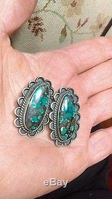 Vintage Large Navajo Blue Green Spiderweb Turquoise Sterling Silver Earrings