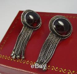 Vintage Large Sterling Silver Cabochon Garnet Pierced Dangle Fringe Earrings