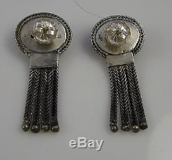 Vintage Large Sterling Silver Cabochon Garnet Pierced Dangle Fringe Earrings