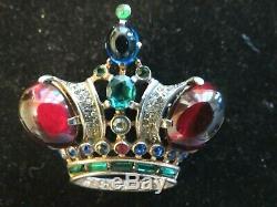 Vintage Large Sterling Trifari Crown Brooch Pin Matching Earrings Ruby Tone Ca
