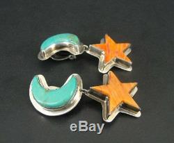 Vintage Lg Chunky Turquoise Spiny Oyster Moon Sun Sterling Silver Clip Earrings