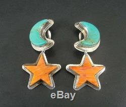 Vintage Lg Chunky Turquoise Spiny Oyster Moon Sun Sterling Silver Clip Earrings