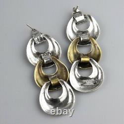Vintage Long Mexican Mixed Metal Sterling Silver and Brass Hoop Earrings Taxco
