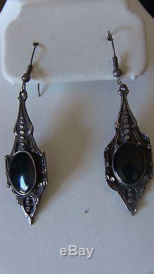 Vintage Long Sterling Silver & Black Onyx Wire Earrings