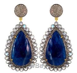 Vintage Look 14k Gold Pave Diamond Sterling Silver Sapphire Dangle Drop Earrings