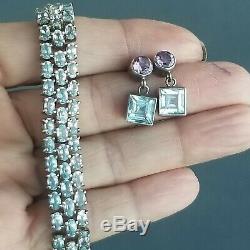 Vintage Lori Bonn Sterling Silver 925 Amethyst Blue Topaz Earrings 925 Bracelet