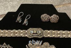 Vintage Lot 9 Marcasite Sterling Silver Jewelry Pins Earrings Bracelet Tie Bars