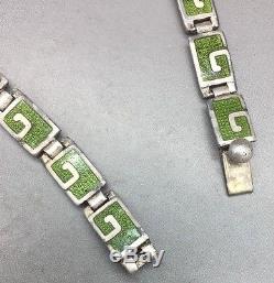 Vintage MARCOT DE TAXCO Sterling Silver & Green Enamel Necklace & Earrings 5403
