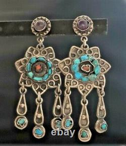 Vintage MATL Sterling Silver Amethyst Turquoise Coral Earrings MEXICO TM-206