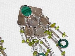 Vintage Malachite Peridot Sterling 925 Silver Dangling Huge Earrings 48 grams