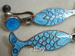 Vintage Margot De Taxco Sterling Silver & Blue Enamel Fish Earrings Dangle 1.50